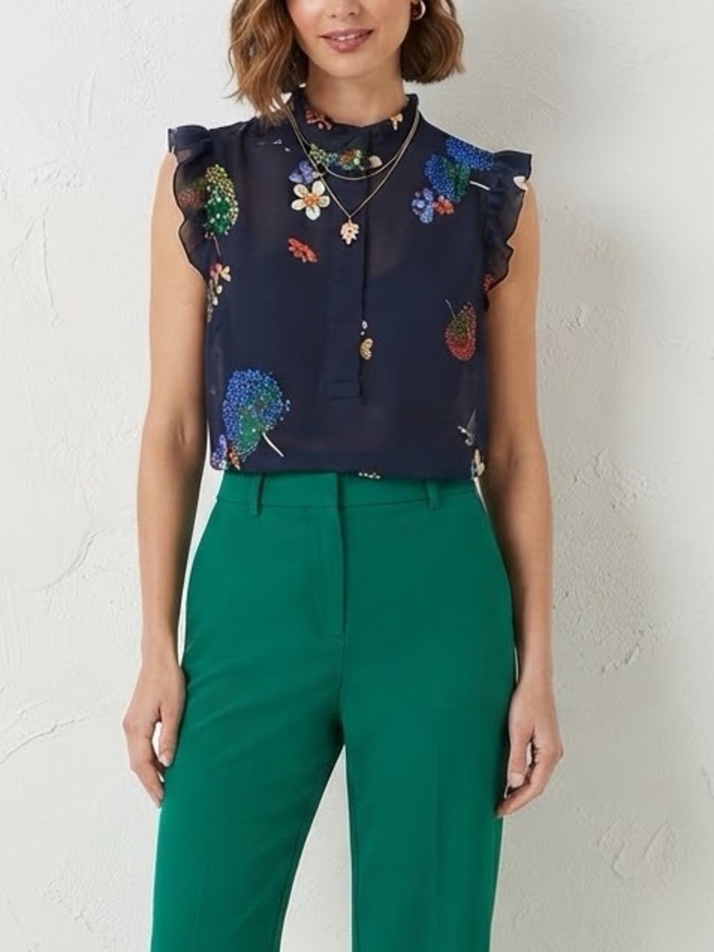 LOFT Floral Ruffle Sleeve Blouse in Blue Size XS Like New